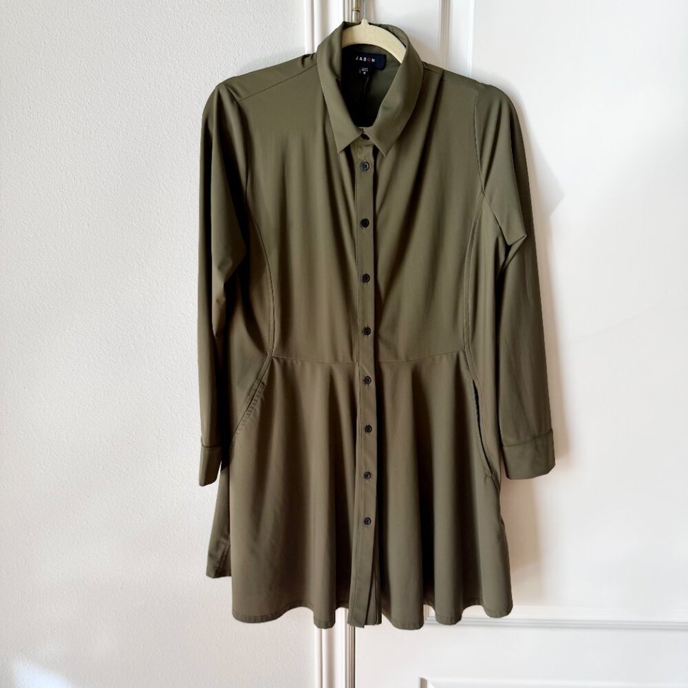 Jason Olive Green Shirt Dress Pocket 3/4 Sleeve Size S
